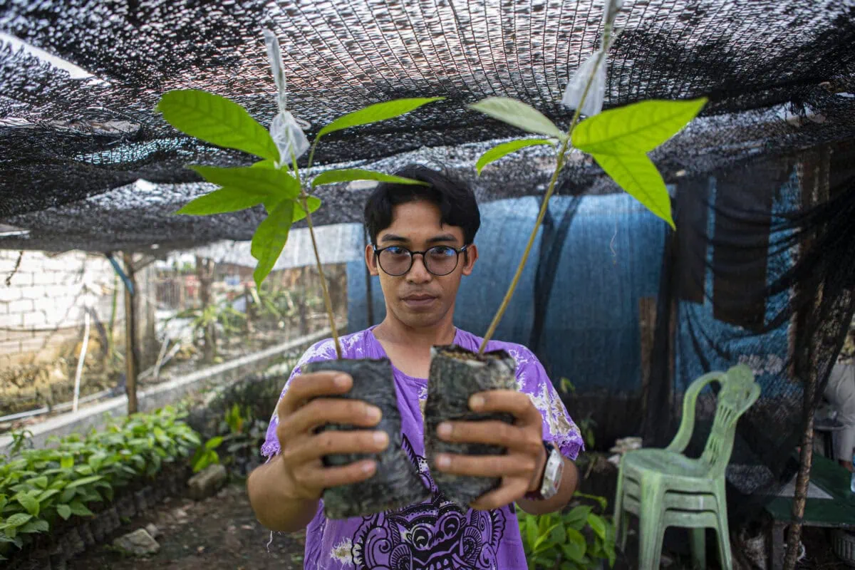 a man holding two plants